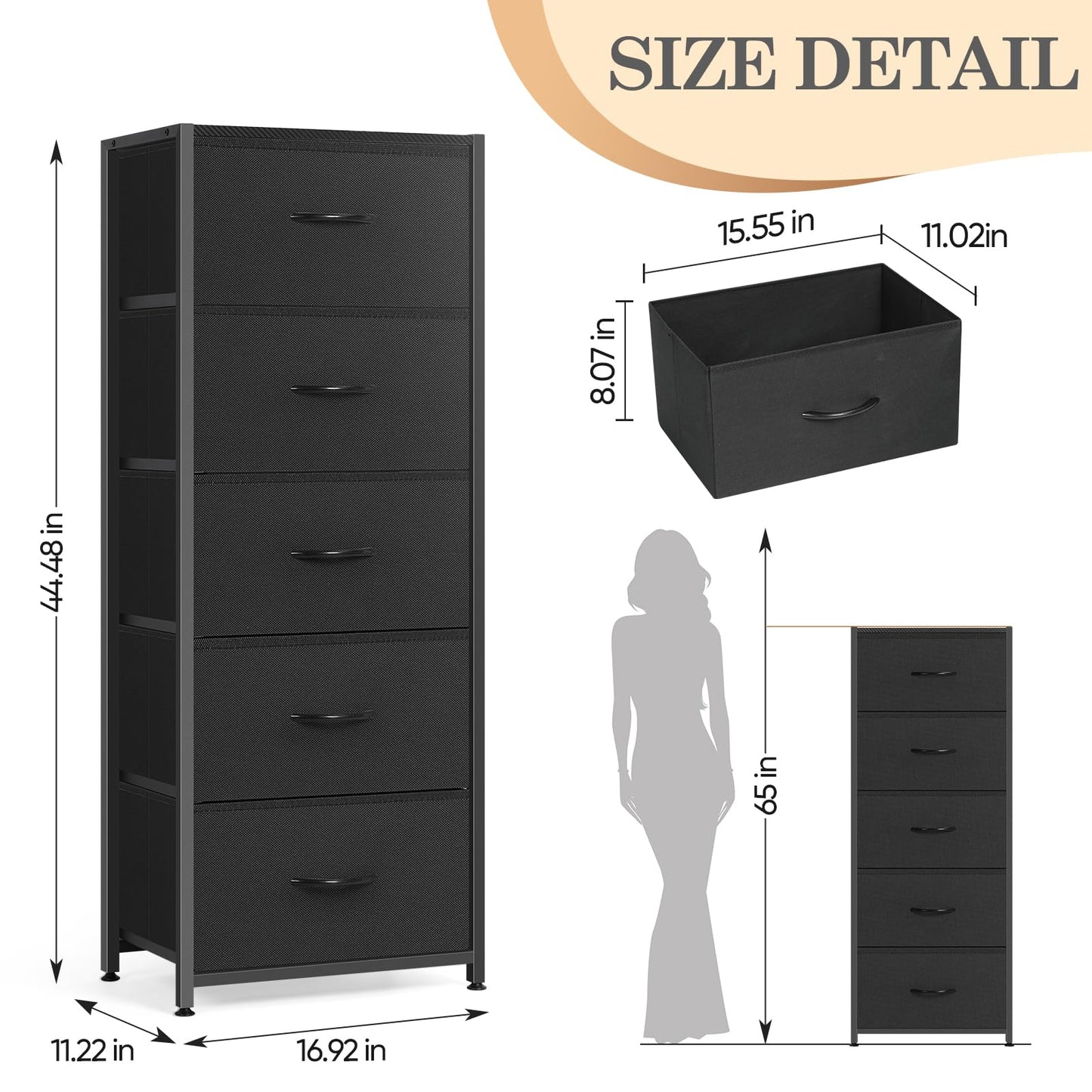 MOOACE 5 Drawer Dresser for Bedroom, Tall Fabric Storage Drawers, Tower Organizer Unit Chest of Drawers with Wooden Top for Closets Living Room Hallway Entryway, Metal Frame, Black