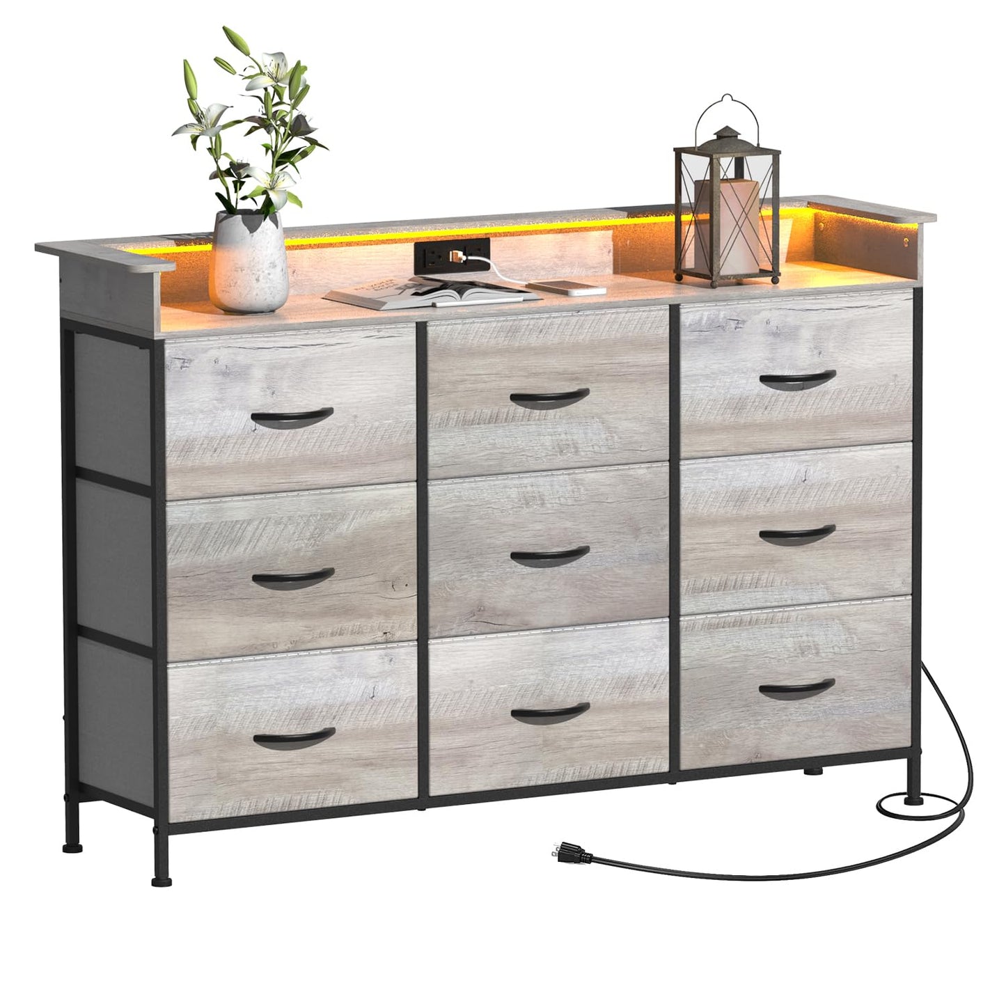 EXOTICA Dresser with Charge Station 9 Drawers Dresser for Bedroom with LED Lights Tall Wide Fabric Dressers & Chests of Drawers for Closet Hallway Entryway Sturdy Steel Frame Wood Top