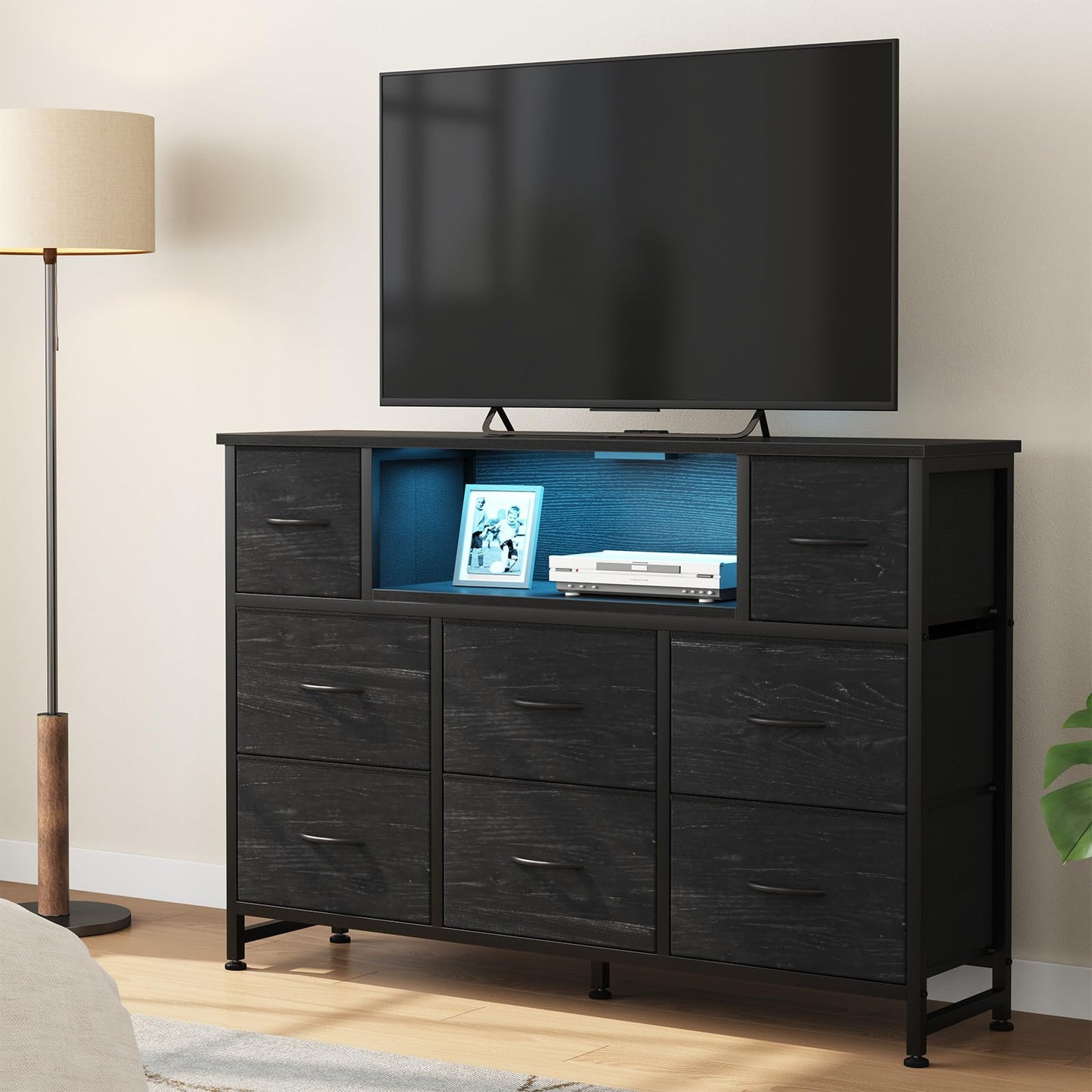DUMOS TV Stand Dresser with 8 Fabric Drawers and Open Shelves, LED Entertainment Center with Charging Station, Wood Top Media Console for 45-55 inch, Bedroom, Woodgrain Black