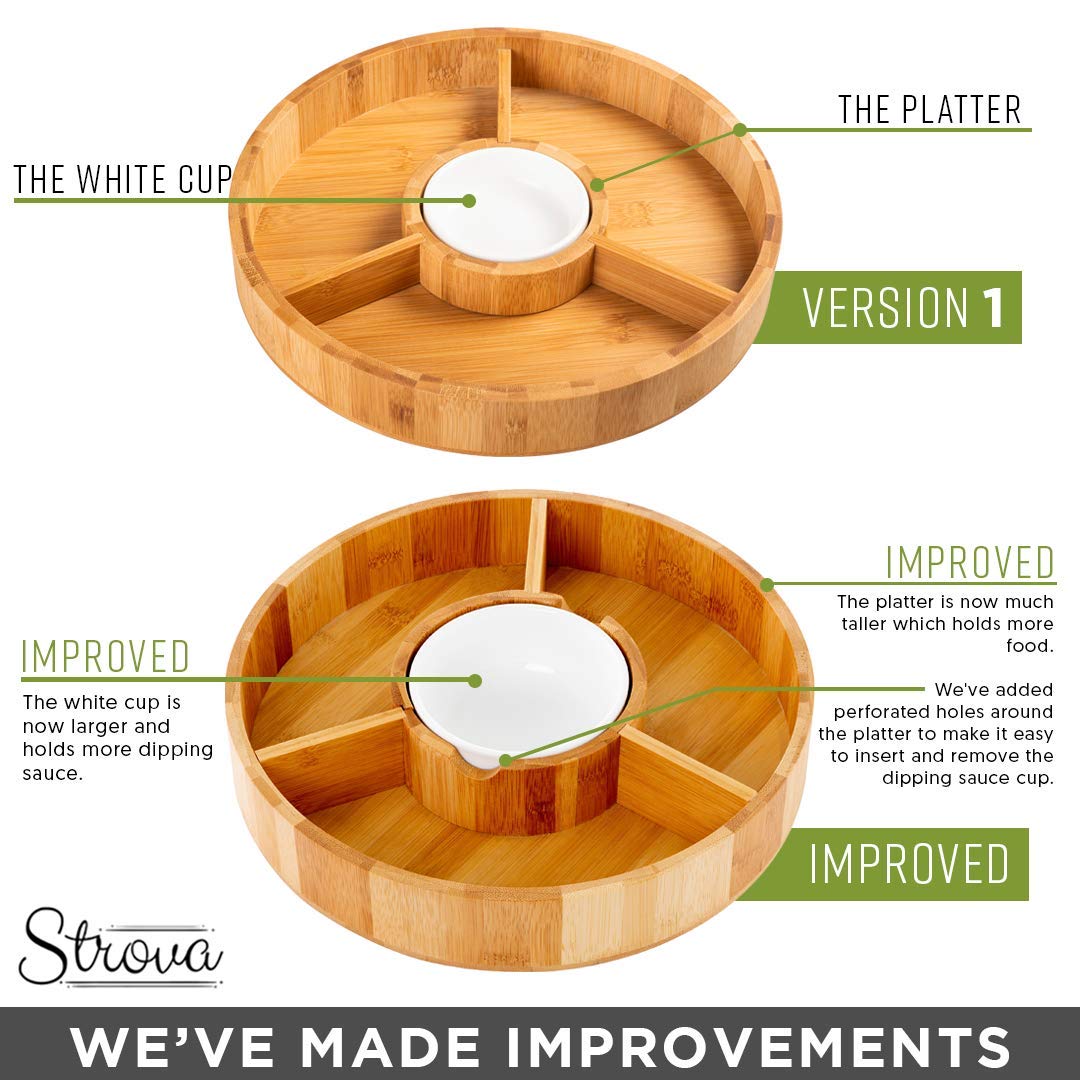 Strova Chip and Dip Serving Bowl – Wooden Appetizer Platter Set with Dip Cup for Salsa, Guacamole, Nacho, Vegetables, Taco Chip, Snacks and More – 12 Inch Diameter. Perfect for the BIG GAMES !