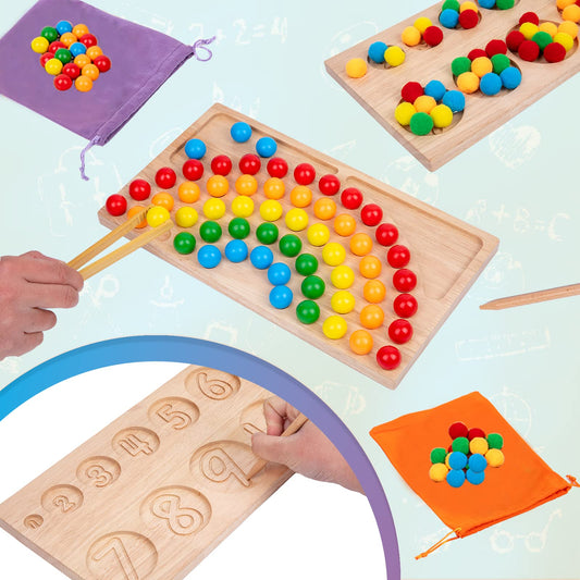 Montessori Wooden Board Bead Game,Beads Counting for Kids,Fine Motor Toys-Number Handwriting Tracking Board-Early Tooders Rainbow Sorting Beads Montessori Toys for 3+ Years Old,Gifts for Boys Girls
