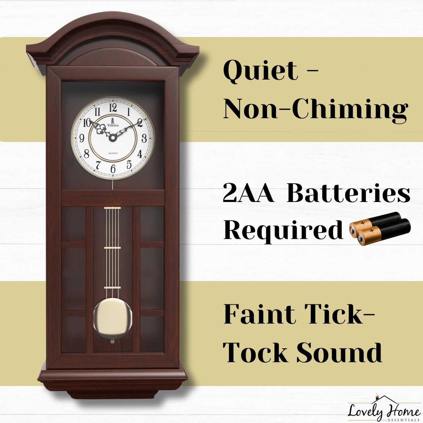 Pendulum Wall Clock - 27 inch Wooden Hanging Grandfather Wall Clock with Pendulum - Real Wood, Quiet, Non-Chiming & Battery Operated for Living Room Decor, Office & Home Décor Gift
