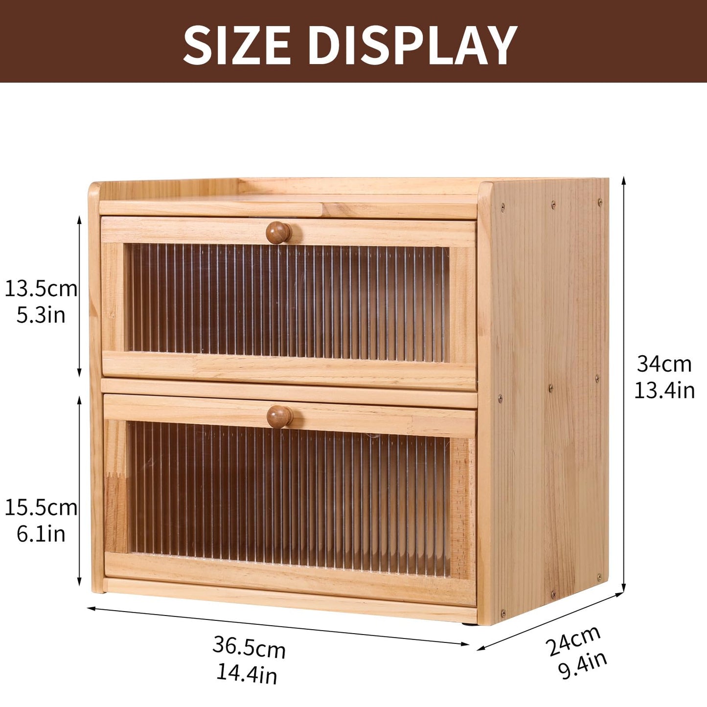 FDHUIJIA Double Layer Large Bread Box for Kitchen Counter, Wooden Bread Storage Container with Acrylic Window, (natural)