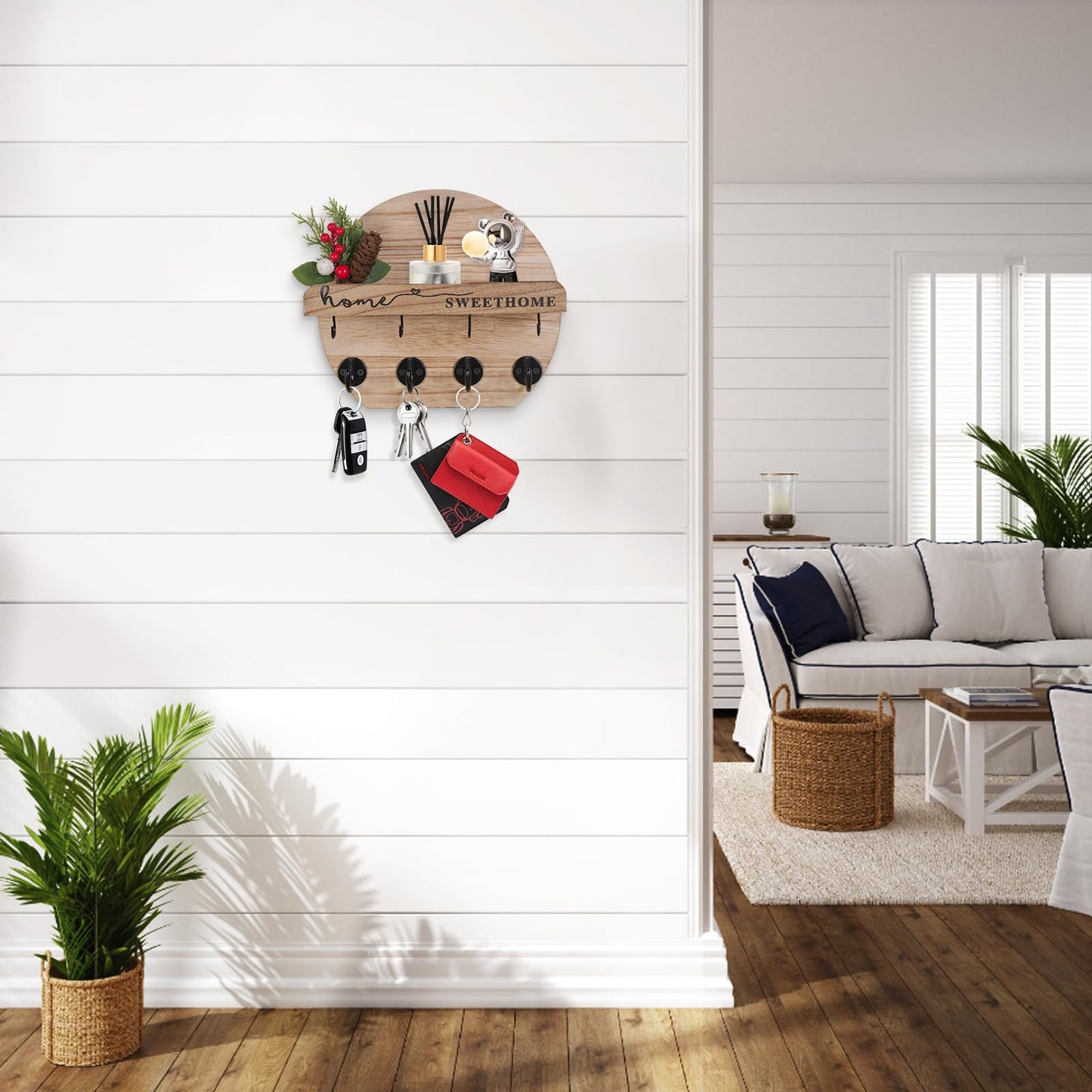 LEIRUOTM Key Holder for Wall, Key and Mail Holder Organizer - Key Holder Wall Mount with Bouquet Shelf and Key Hooks, Round Wooden Rustic Key Rack for Entryway and Home Decor (Wood)