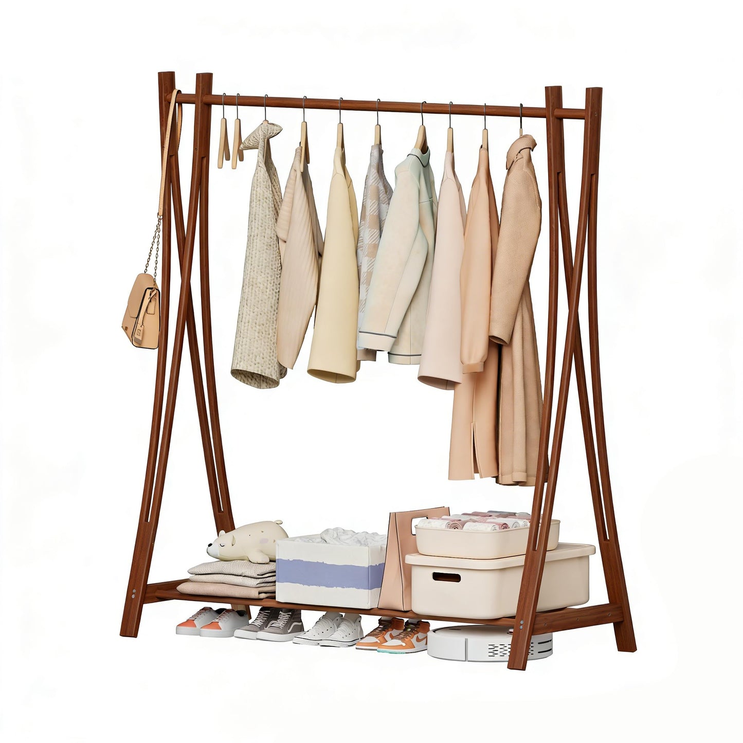 LEMODOR Wooden Retail Display Hanging Clothes Rack with Storage Shelf, 52" W x 57" H Freestanding Heavy Duty Clothing Drying Garment Rack for Hanging Clothes, Coat, Dress, Shirt, Hat