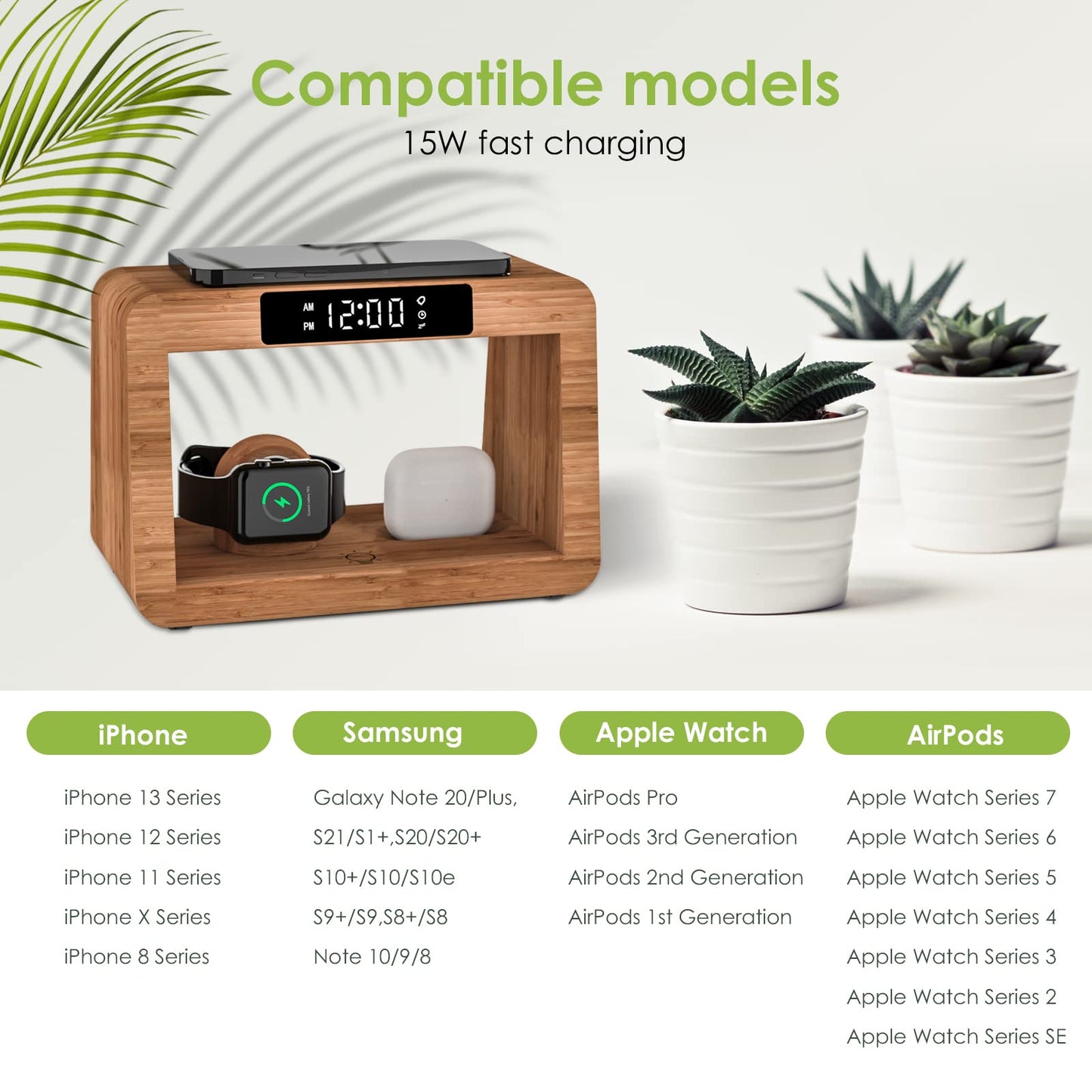 Bamboo Wireless Charging Station, Night Light with Digital Alarm Clock, Nightstand Charging Station for Apple Devices, Fast Wireless Charger for iPhone/Apple Watch/AirPods Pro