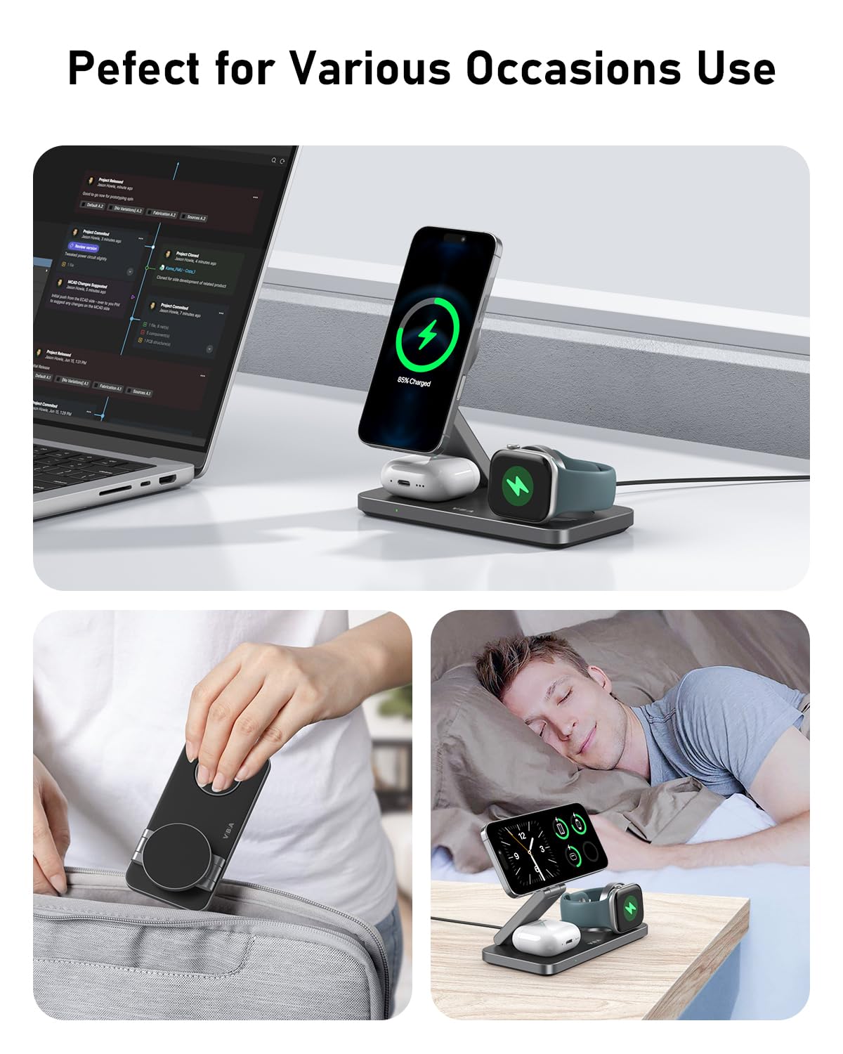 VBA 3 in 1 Wireless Charging Station for Apple MagSafe Charger,Foldable Fast Charging Magnetic Wireless Charger Stand,Travel Charger for iPhone 17 Air 16 15 14 13 12,Apple Watch,AirPods (Black)