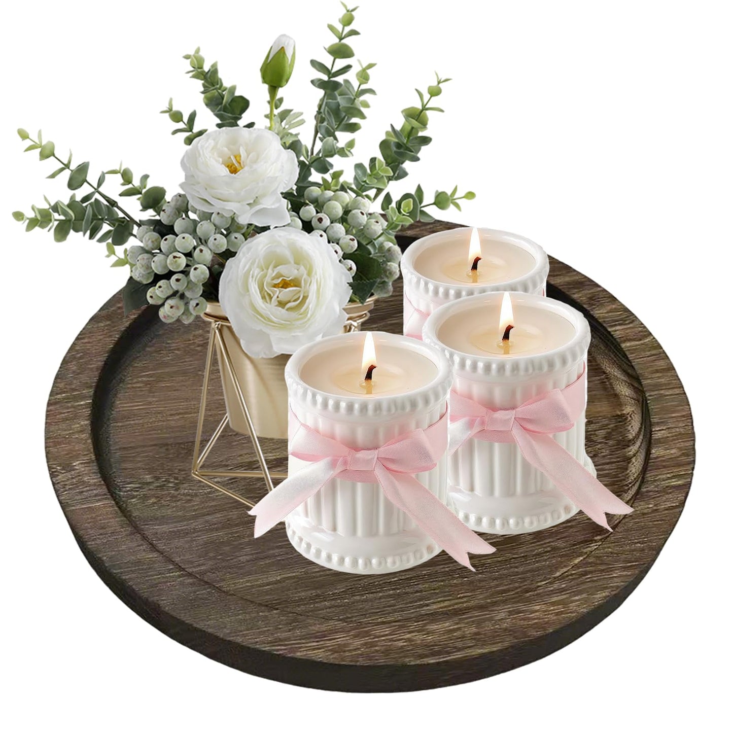 Ailhl Candle Plate Holder Tray: Round Wooden Decorative Candle Plate Small Farmhouse Table Centerpiece Rustic White Wood Tealight Pillar Trays for Home Decor (Distressed)