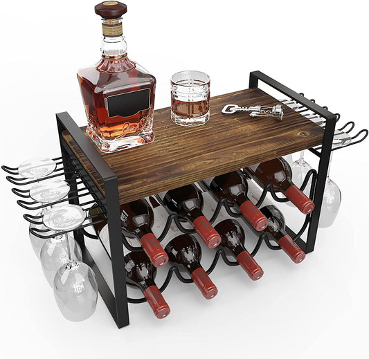 JAFUSI Wine Rack for Countertop, Metal Tabletop Wine Holder, Natural Wood 8 Wine Bottles Storage Shelf Stand with Wood Tray 6 Glasses Hooks
