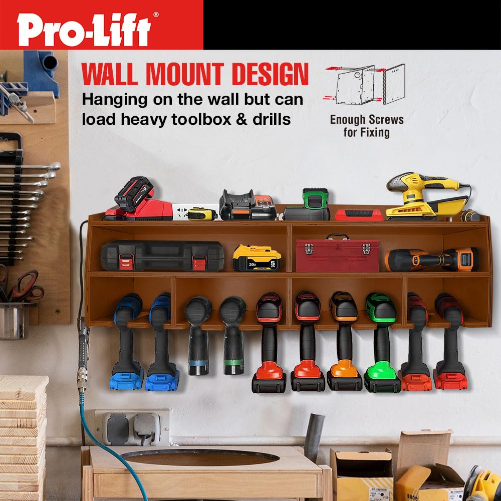 Pro Lift Cordless Drill Organizer – wall mount power tool storage rack, 10 hanging slots, wooden M-005W2