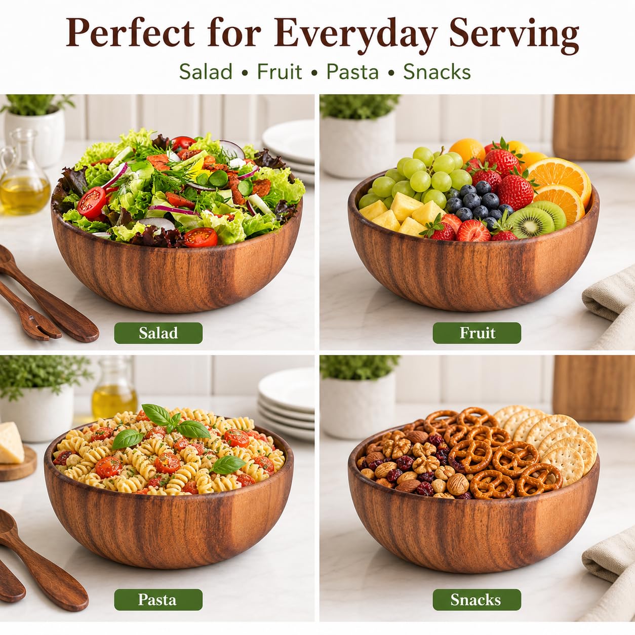 TNCANJU Acacia Wood Salad Bowl Set with Serving Utensils, 9 Inch Wooden Serving Bowl with Salad Fork and Tongs, One-Piece Glue-Free Crack Resistant Bowl for Salad, Fruit, Pasta and Snacks