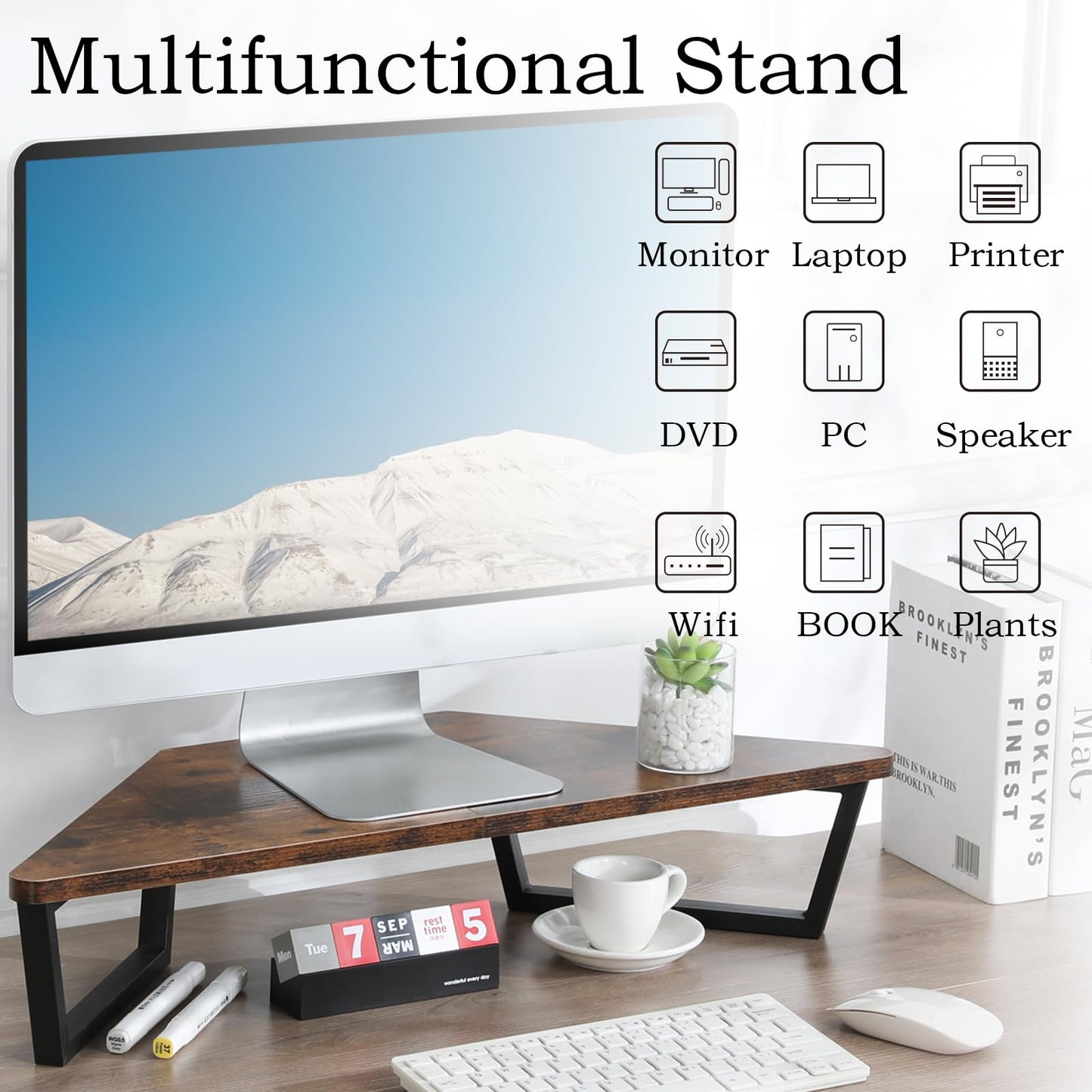 TEAMIX 26 inch Triangle Monitor Stand Riser, Desktop Corner Shelf with Metal Leg Wood Computer Stand with Storage Laptop Riser Office Organization