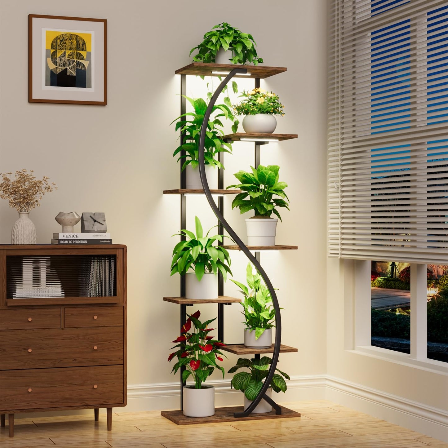MJOMKN 59" Tall Plant Stand with Grow Light Indoor, 7 Tiered Metal Plant Shelf, S-Shaped Flower Display Stand, Corner Storage Shelf for Living Room, Patio, Balcony Decor