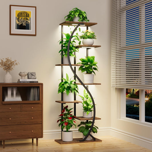 MJOMKN 59" Tall Plant Stand with Grow Light Indoor, 7 Tiered Metal Plant Shelf, S-Shaped Flower Display Stand, Corner Storage Shelf for Living Room, Patio, Balcony Decor