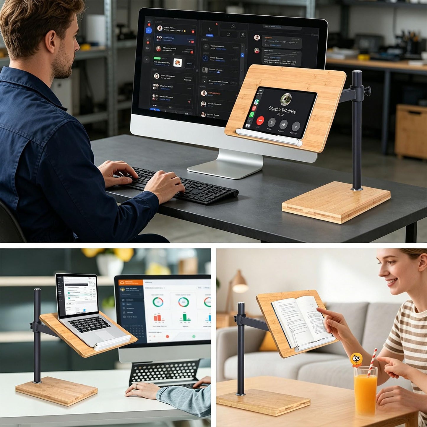 Coslony Adjustable Laptop Stand with Wood Platform and Sturdy Base, Height Adjustable Desk Mount for Laptops (Large)