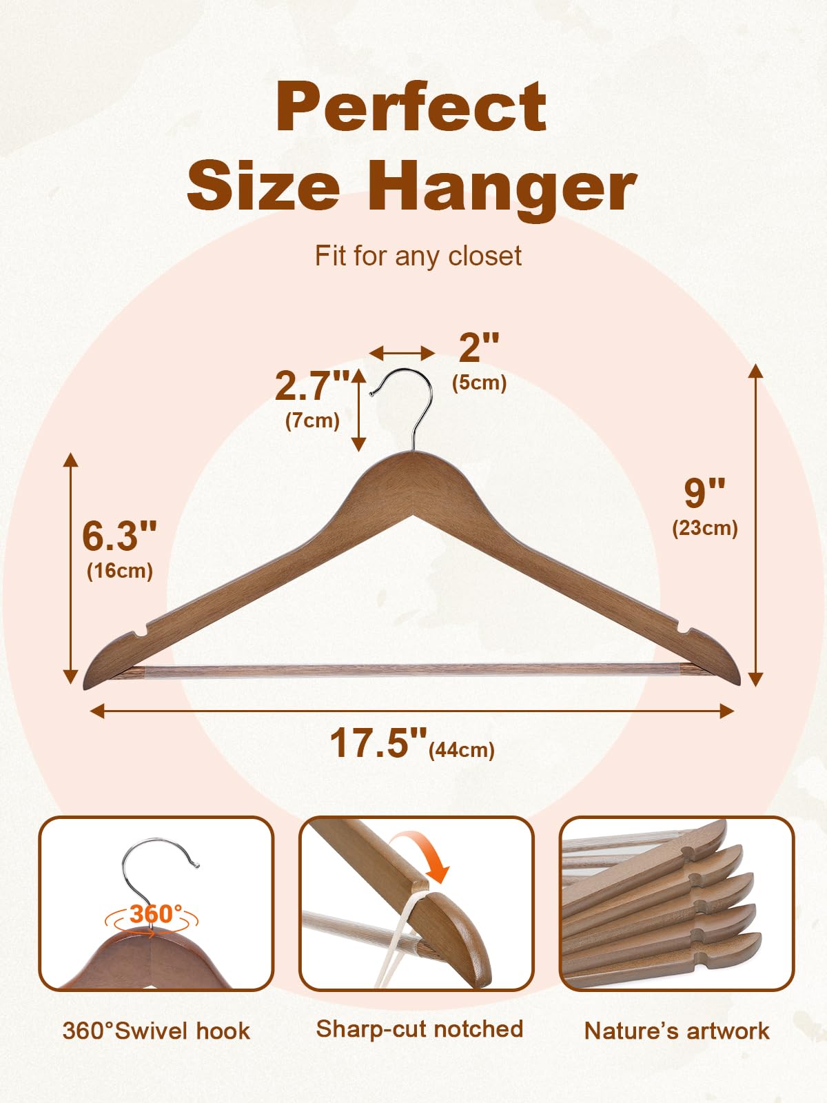 HOUSE DAY Walnut Wooden Hangers 30 Pack, Heavy Duty Wooden Coat Hanger for Closet, Solid Wood Hanger with Non Slip Pant Bar, Smooth Finish Wood Clothes Hangers for Shirts, Suits Jackets, Dress