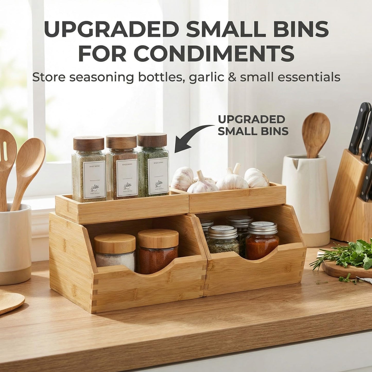CENCODE Bamboo Pantry Storage Bins Set 5 Pieces - Stackable Baskets, Potato and Onion Storage, Bamboo Wood Storage Bins for Pantry Baskets Organization and Storage, Kitchen Essential
