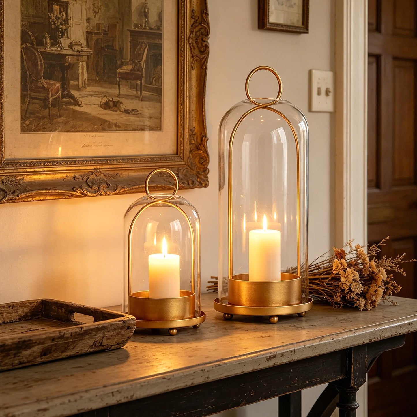 GLUUFLOWER 5"&4" Hurricane Glass Candle Holder Set - Hanging Pillar Candle Lantern with Glass Chimney, Metal Frame for Wedding Centerpieces Dining Table Mantel Holiday Home Decor
