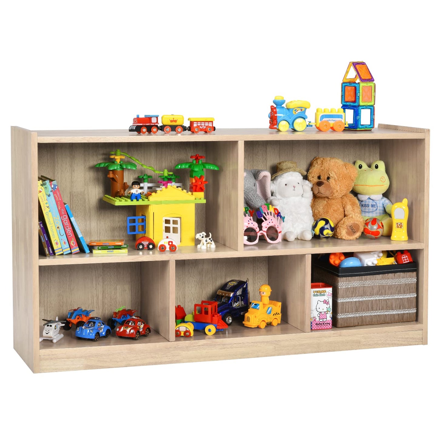 Costzon 2-Shelf Bookcase for Kids, Wooden Toy Storage Organizer for Books Toys, 5-Section Freestanding Classroom Daycare Montessori Bookshelf for Preschool, Home Playroom & Kindergarten