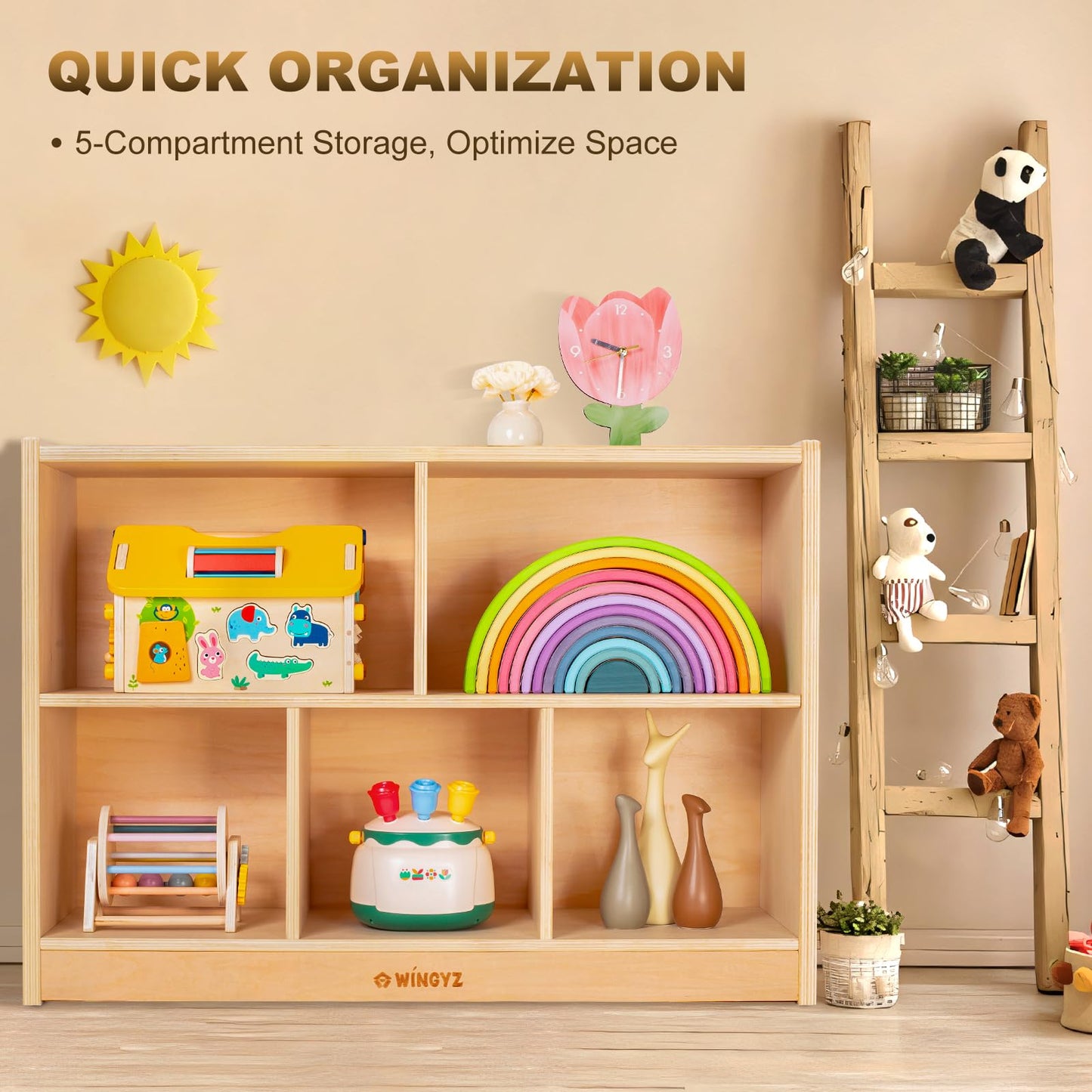 WINGYZ Wood Storage Shelf Organizer, 35.4" L, 5-Section Montessori Kids Toy & Book Shelf, Wooden Cabinet for Kids Rooms, Playroom, Classroom, Nursery, Preschool Furniture - Nature