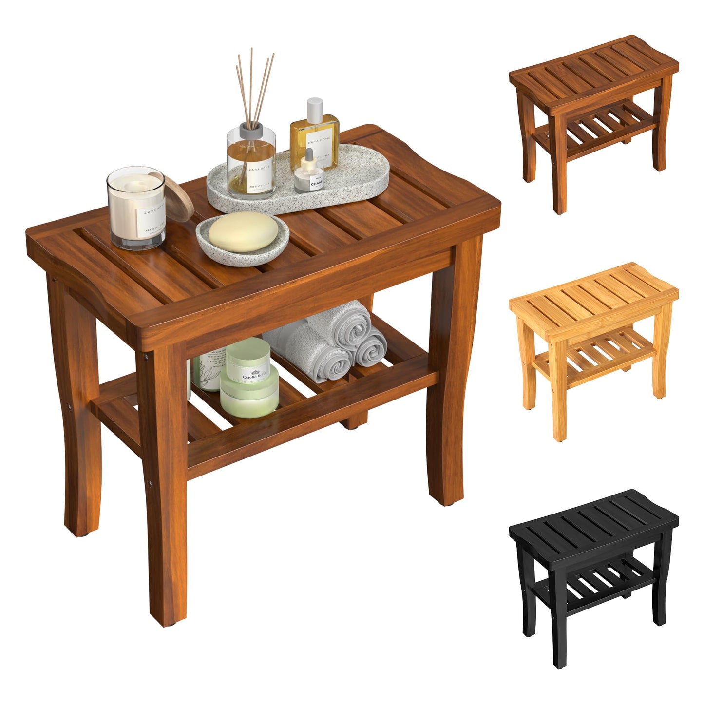 Teak Wood Shower Bench Stool with Storage Shelf, Wooden Waterproof Bathroom Spa Bathing Teak Shower Stool with Non-Slip Feet Gadget 2024 for Indoor or Outdoor Shower Chair Seat Organizer