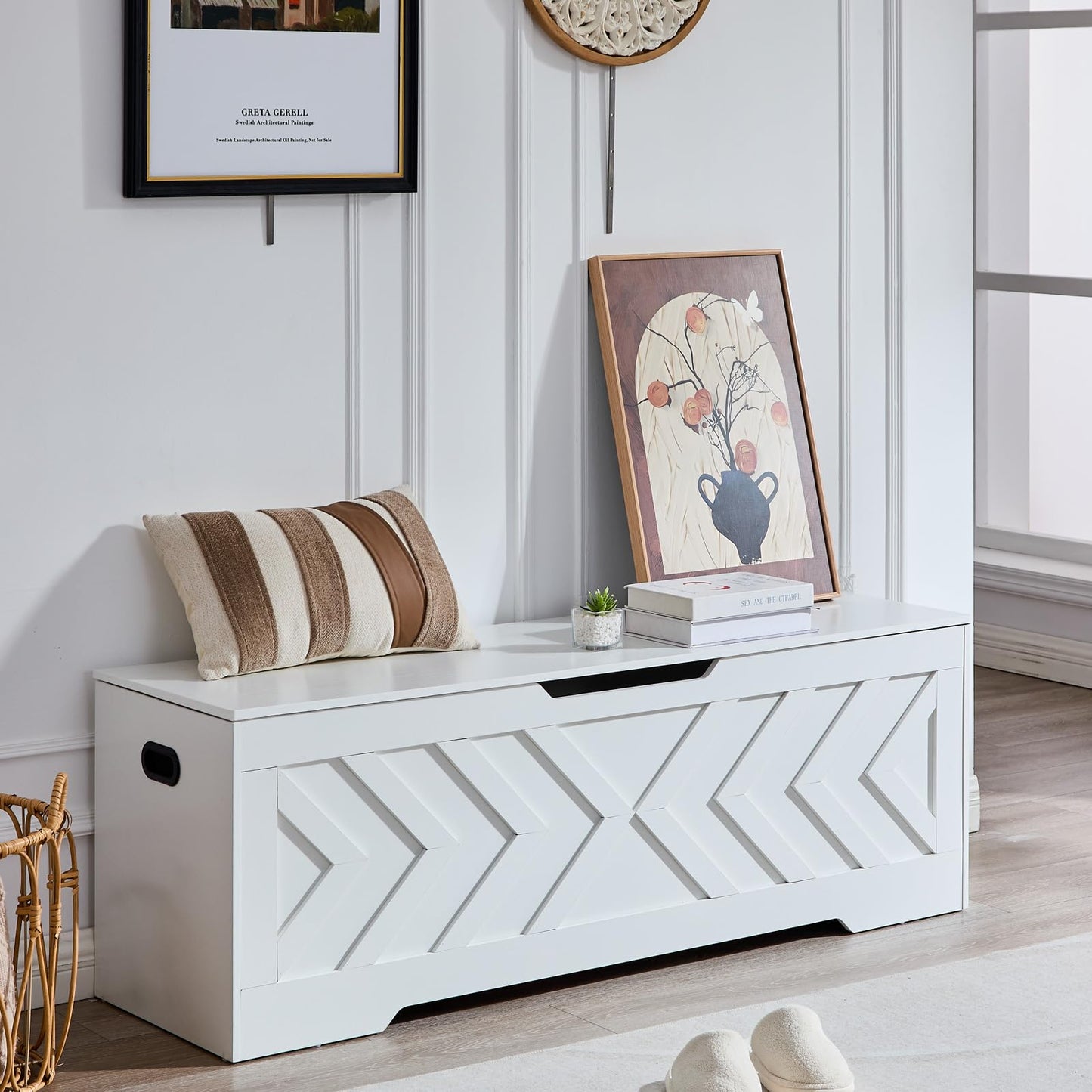 XDliv 55.1” Storage Bench, Extra Large Entryway Bench with Storage,Storage Chest with 2 Safety Hinges,Blanket Storage,Shoe Storage Chest for Bedroom,Living Room,Easy Assembly. (White)