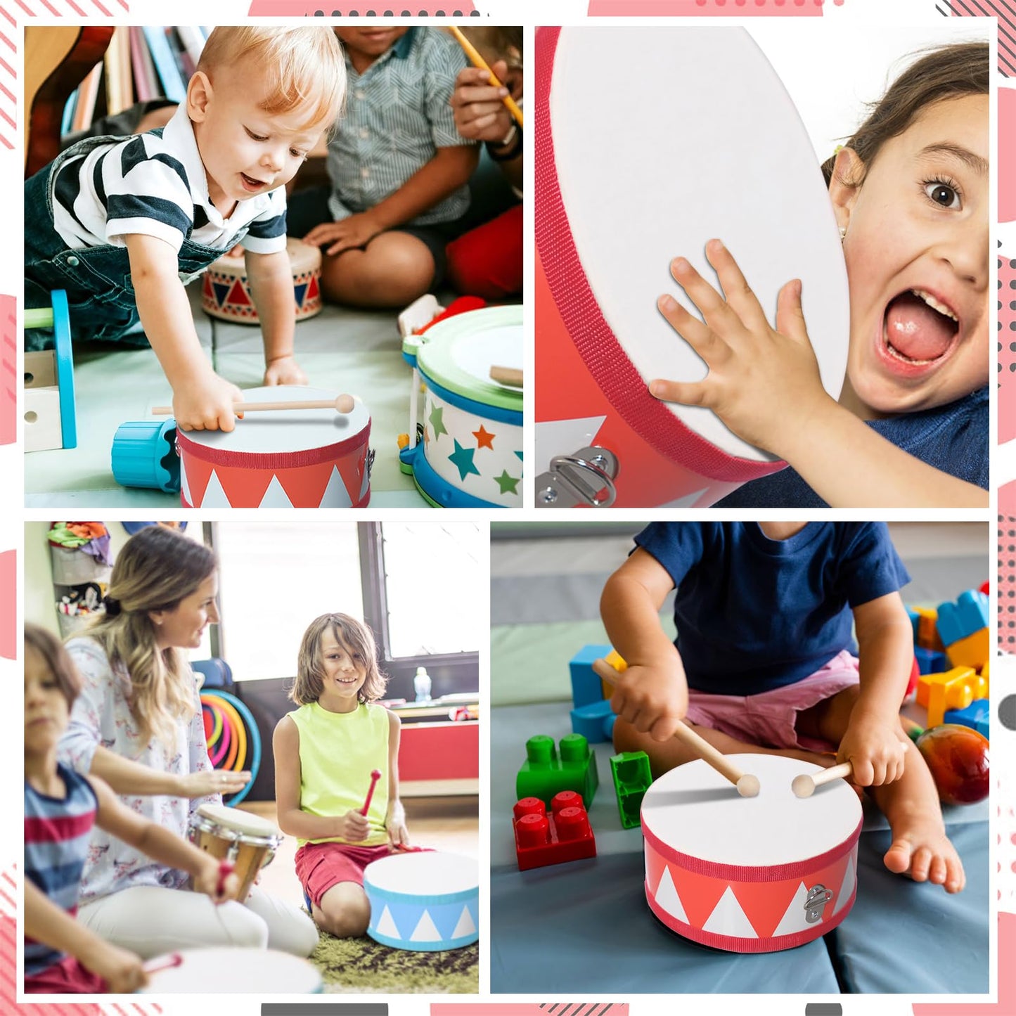 TANEMUDO 4 Pcs Drum Set for Kids 8 Inch Toddler Toy Drum 10 Drumsticks with Adjustable Strap Wooden Drum Educational Musical Instrument Toys Sensory Musical Instrument Drum for Toddler Girls Boys