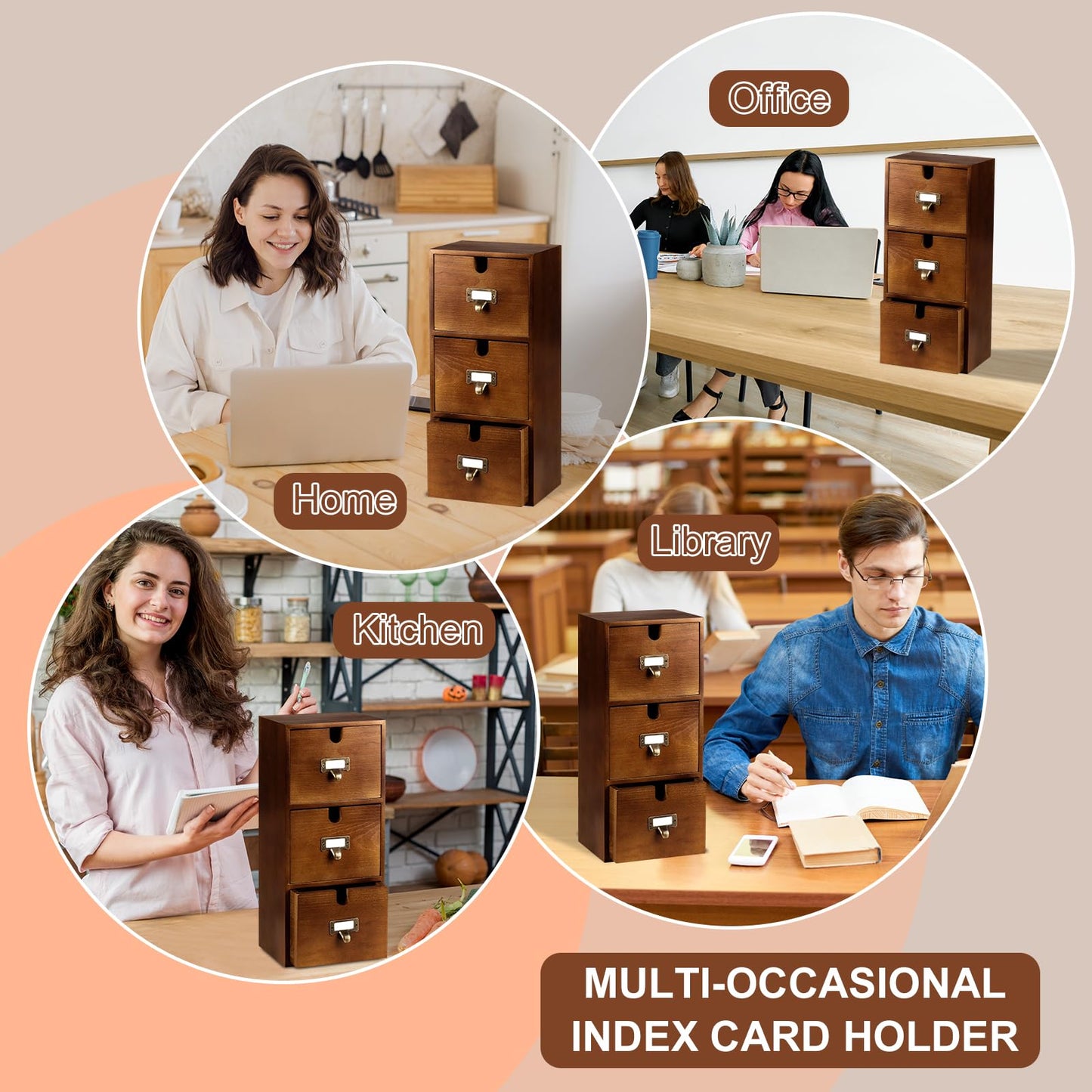 DLUGOPIS 3 Tier Index Card Holder 3x5 Wooden Card Catalog Box with 3 Drawers Brown Index Card Storage Box Flash Card Holder 25 Index Card Dividers 2 Letter Smile Stickers for Office