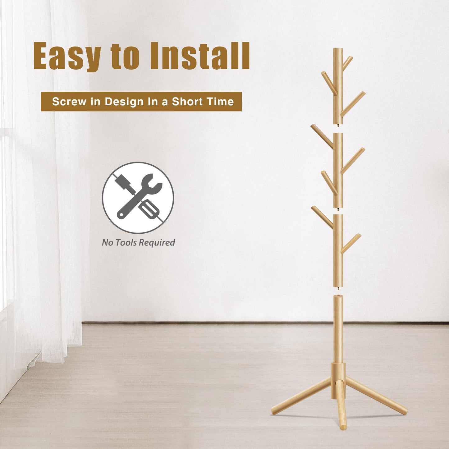 Azaeahom Coat Rack, Coat Racks Freestanding with 8 Hooks 3 Adjustable Heights for Clothes, Hats, Handbags, Coat Tree Easy Assembly for Entryway, Bedroom, Hallway, Office(Nature 2PCS)