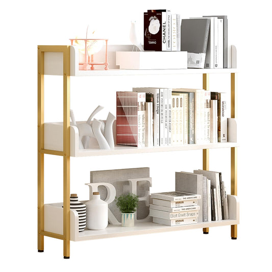OSCHF Wide Open Shelf Bookcase - Modern 3-Tier Floor Standing Display Bookshelf with Three-Side Panels for Home and Office, Storage Shelving in Warm White with Gold Frame