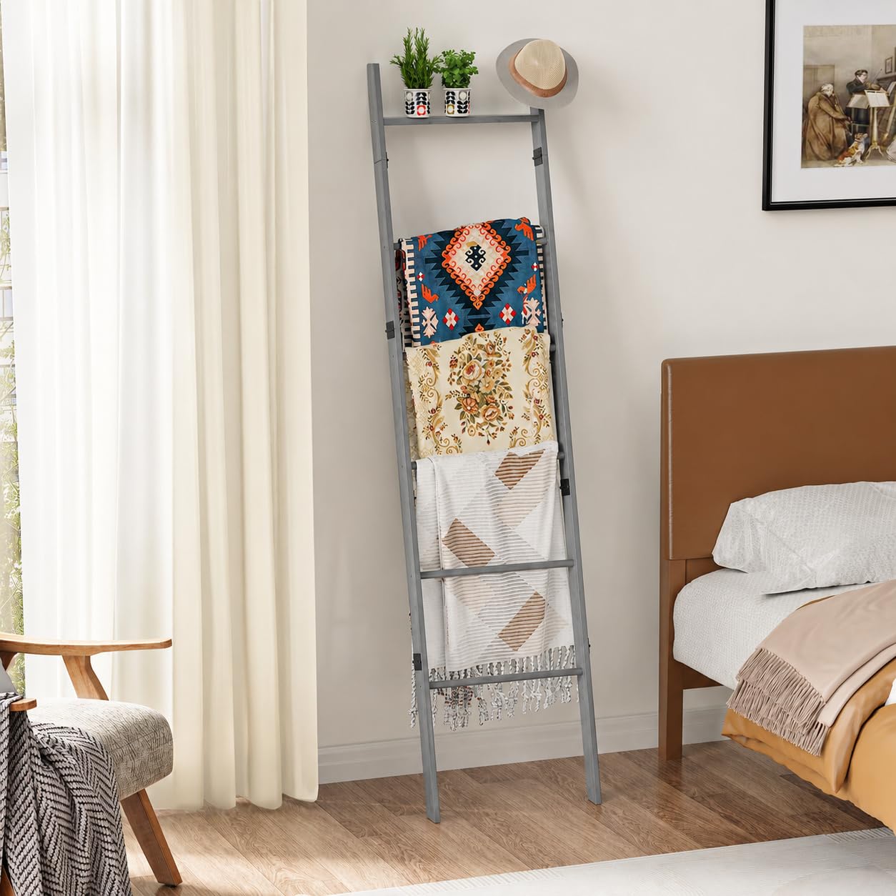 BAMBANG 6-Tier Blanket Ladder for Living Room, Blanket Quilt Ladder Rack Rustic Decorative Towel Holder, Wall Leaning Blanket Ladder Shelf Storage Farmhouse Decor for Bedroom Bathroom, Gray
