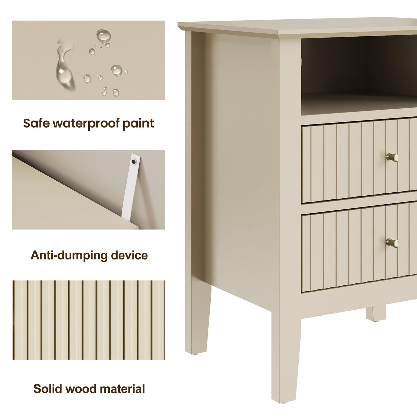 May in Color Beige Fluted Nightstand with 2 Drawers Set of 2, Modern Wooden Sofa Table with Storage for Small Spaces, Tall End Table for Bedroom,Living Room
