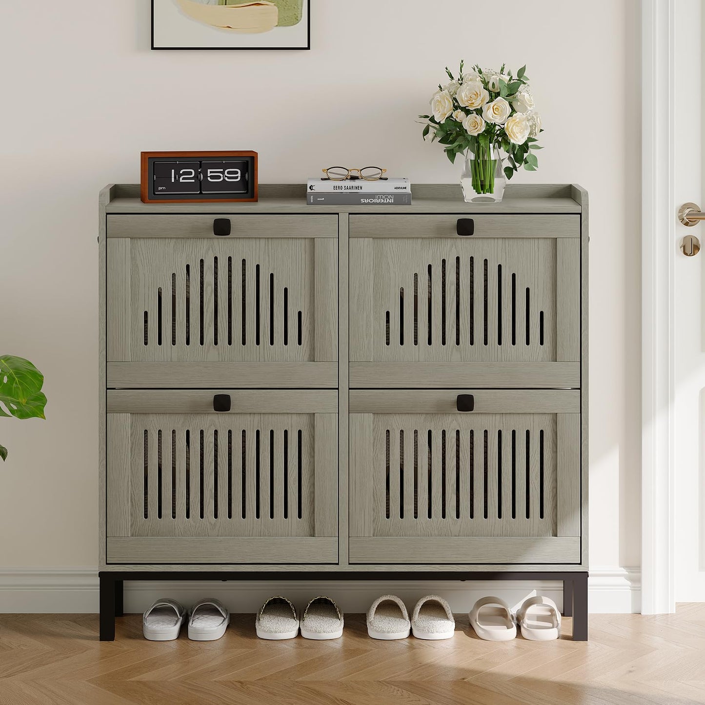 IDEALHOUSE Shoe Cabinet with 4 Flip-Drawers, Wooden Entryway Storage Organizer with Adjustable Shelf, Hidden Shoe Rack for Hallway & Living Room, Grey