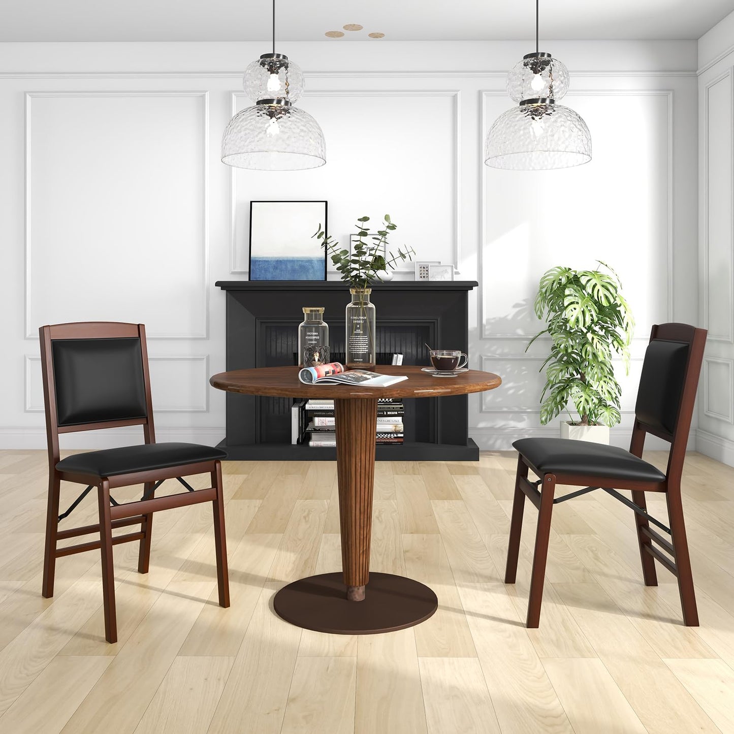 COSTWAY Folding Dining Chairs Set of 2, Wooden Kitchen Side Chairs w/Padded Seat, Solid Wood Frame, 400 LBS Load Bearing, No Assembly Needed, Vintage Foldable Chairs for Dining Room, Living Room