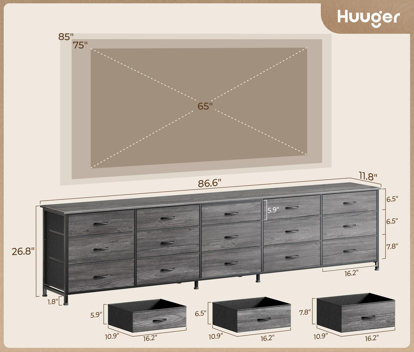 Huuger 86.6 Inch Dresser for Bedroom, TV Stand for 65, 75, 85 Inch TV, 15 Fabric Drawer Long Dresser, Large Entertainment Center for Bedroom, Wide Chest of Drawer with Storage, Grey