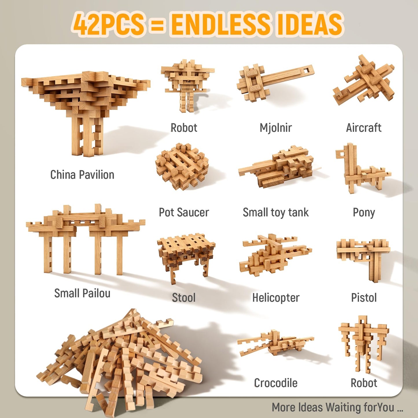 GLCforever 15 in 1 STEM Wooden Building Blocks -15+ Shapes, 3D Puzzle, Logic Brain Games, Educational Toys Gift for Kids and Classroom, Montessori STEM Toys for Ages 5+ to Adults