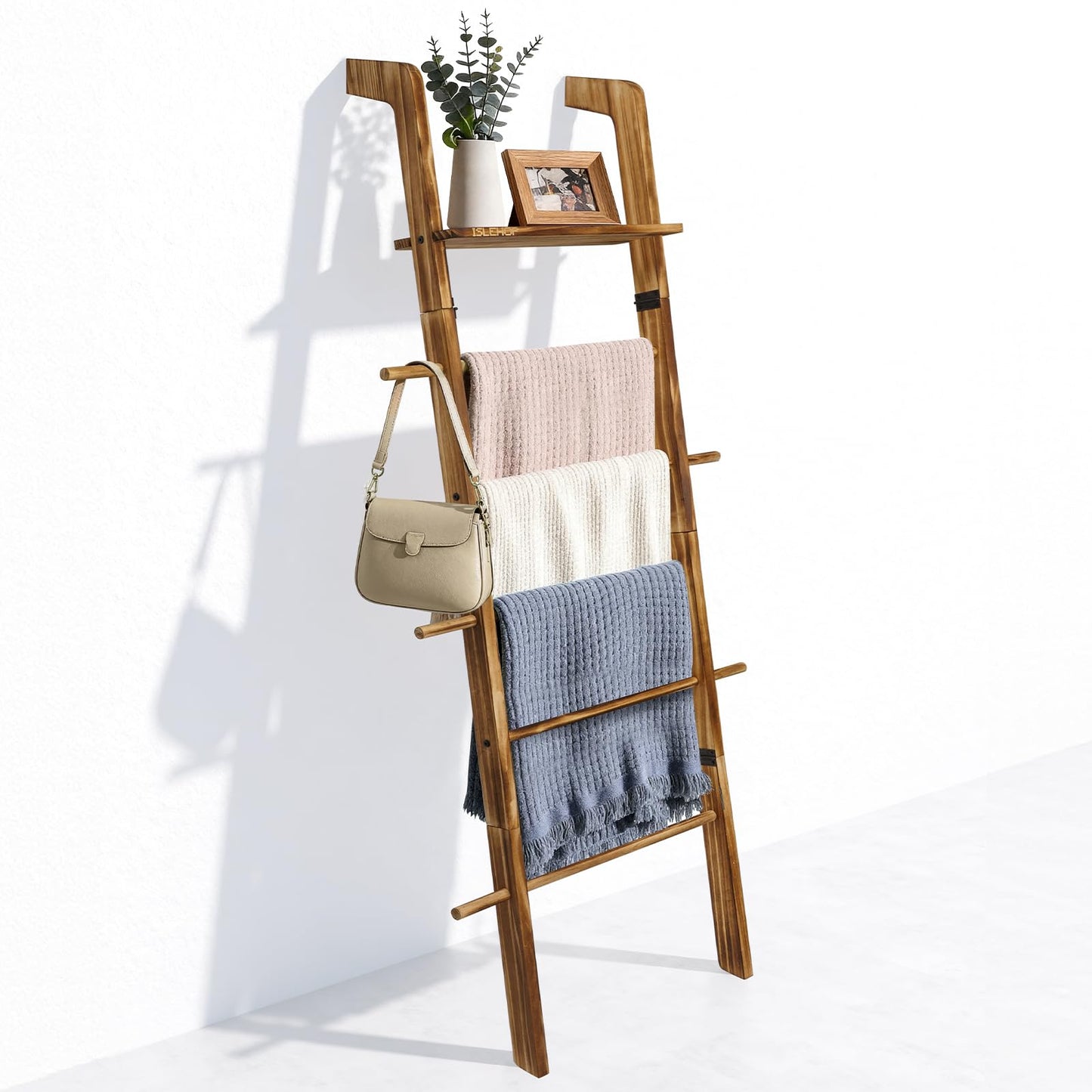 ISLEHOP 67" Wooden Blanket Ladder with Shelf and Hooks, 6-Tier Blanket Ladder for Living Room, Wall-Leaning Towel Ladder and Quilt Rack Storage, Farmhouse Decor Ladder for Display