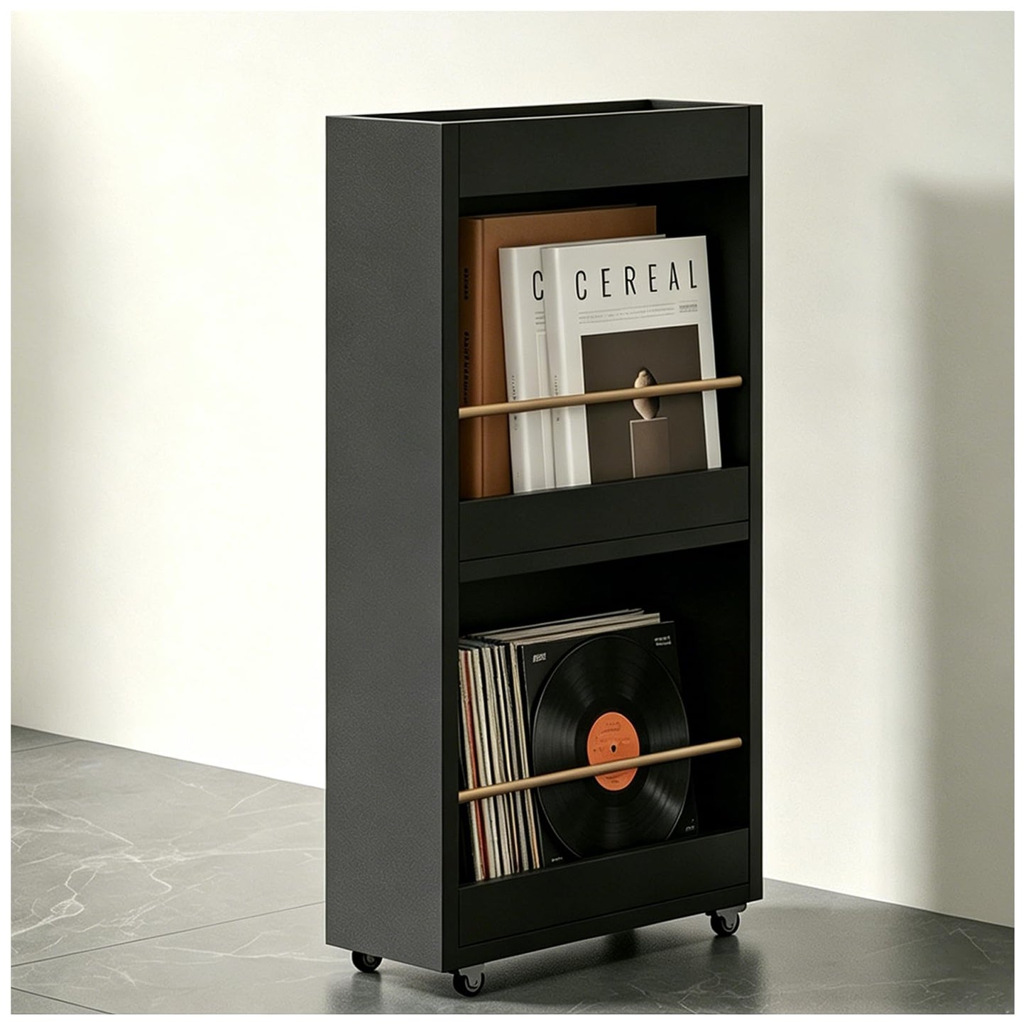 Movable Magazine Rack with Wheels, Wooden Vertical Display Organizer, Newspaper & Literature Holder, Multi-Purpose Storage Shelf for Office, Bedroom, Boutique, and Retail Black 15.7''*5.9''*29.5''