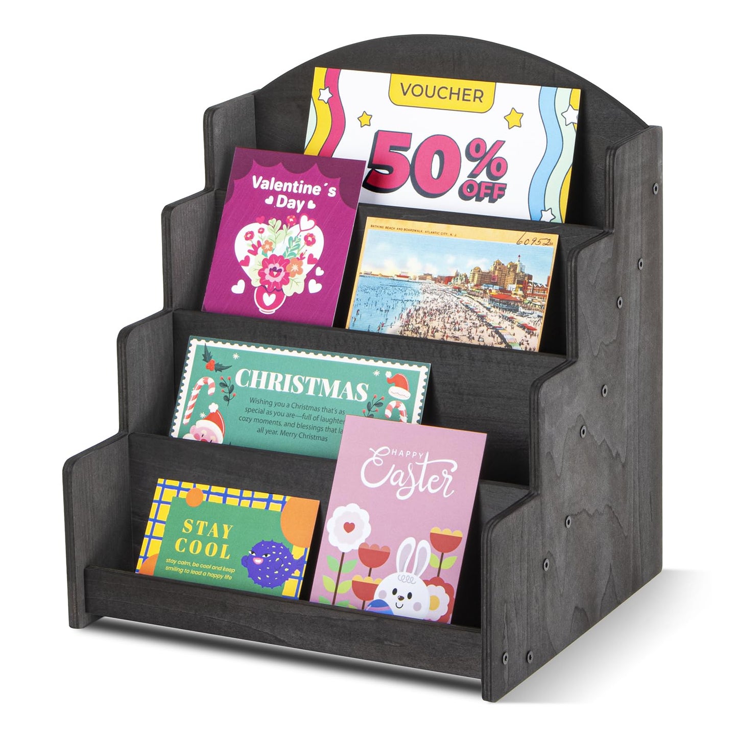 PUERSI Greeting Card Display Stand, Wooden 4-Tier Postcard Display Stand Holder for Sticker, Vendors, Retail Stores, Black