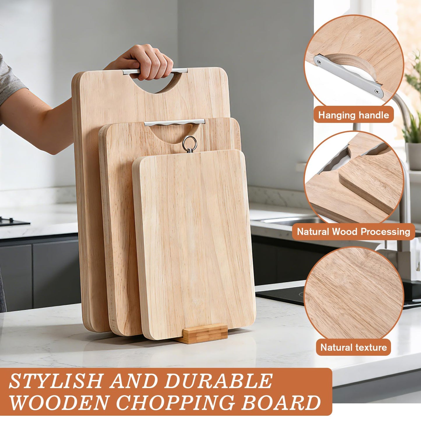 YeadCedle Wooden Cutting Board Set of 3 with Holder Maple Chopping Boards for Kitchen, Thick Large Cutting Board (12x7.8 to 15x9.8 Inch) Easy to Clean for Meat Vegetables Cheese
