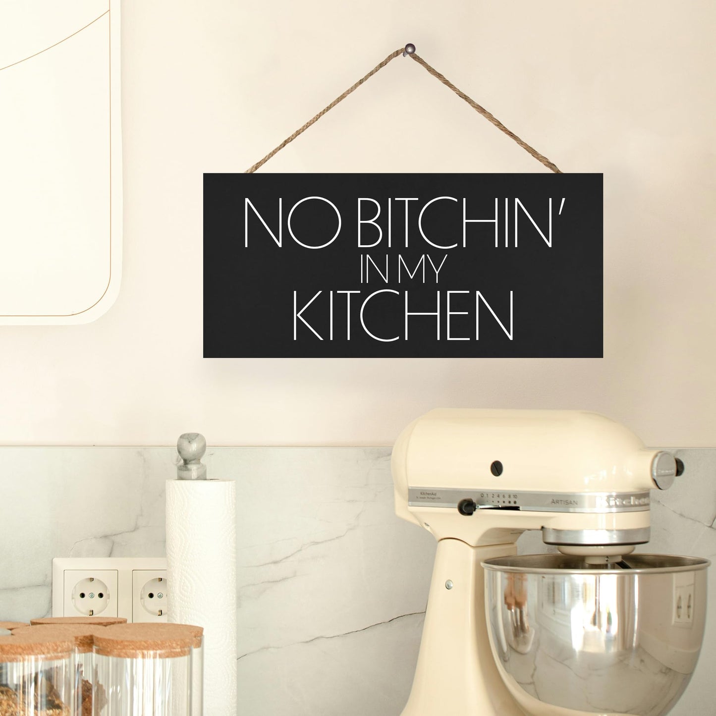 JennyGems Funny Kitchen Signs No Bitchin In My Kitchen - Modern Farmhouse Wall Art & Décor - Hanging Wooden Sign, Made in USA