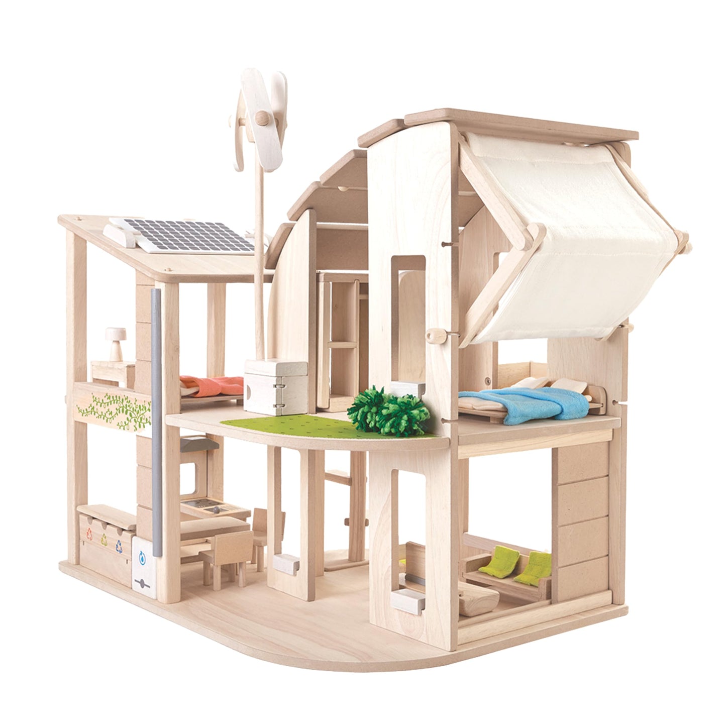 PlanToys® Green Wooden Dollhouse with Furniture | Eco Friendly Doll House with Solar Panel, Wind Turbine & Recycling System | Pretend Play Dollhouse for Sustainable Living Role Play