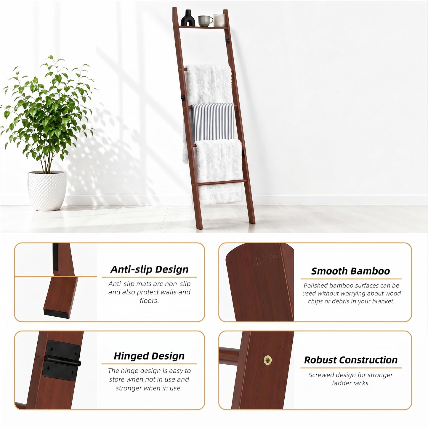 Plusinthebox 6 Tier Brown Blanket Ladder with Shelf, Wooden Blanket Rack for Living Room, Leaning Towel Ladder Rack for Bedroom, Bathroom, Quilts, Throws, Towels and Farmhouse Décor