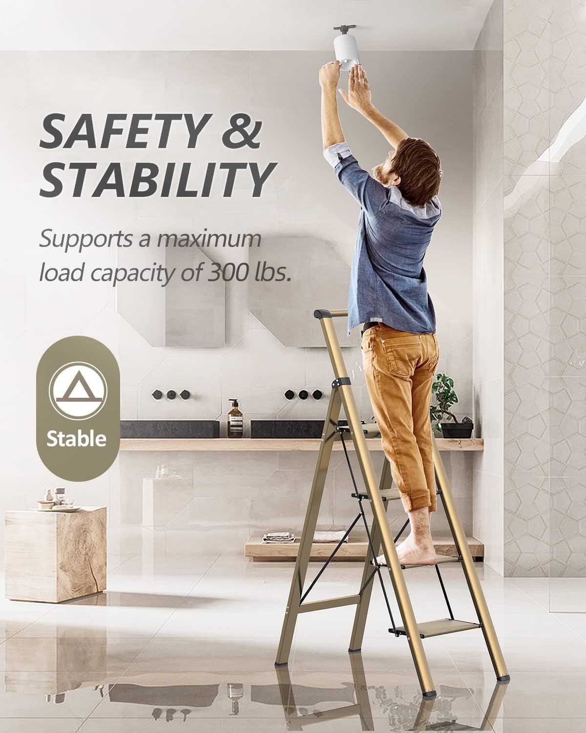 SOLADDER 4 Step Ladder, Folding Step Stool with Anti-Slip Wide Sturdy Pedal and Handgrip, Portable Lightweight Aluminum Stepladder, 300 lbs Capacity, Multi-Use for Home, Library - Brown Gold