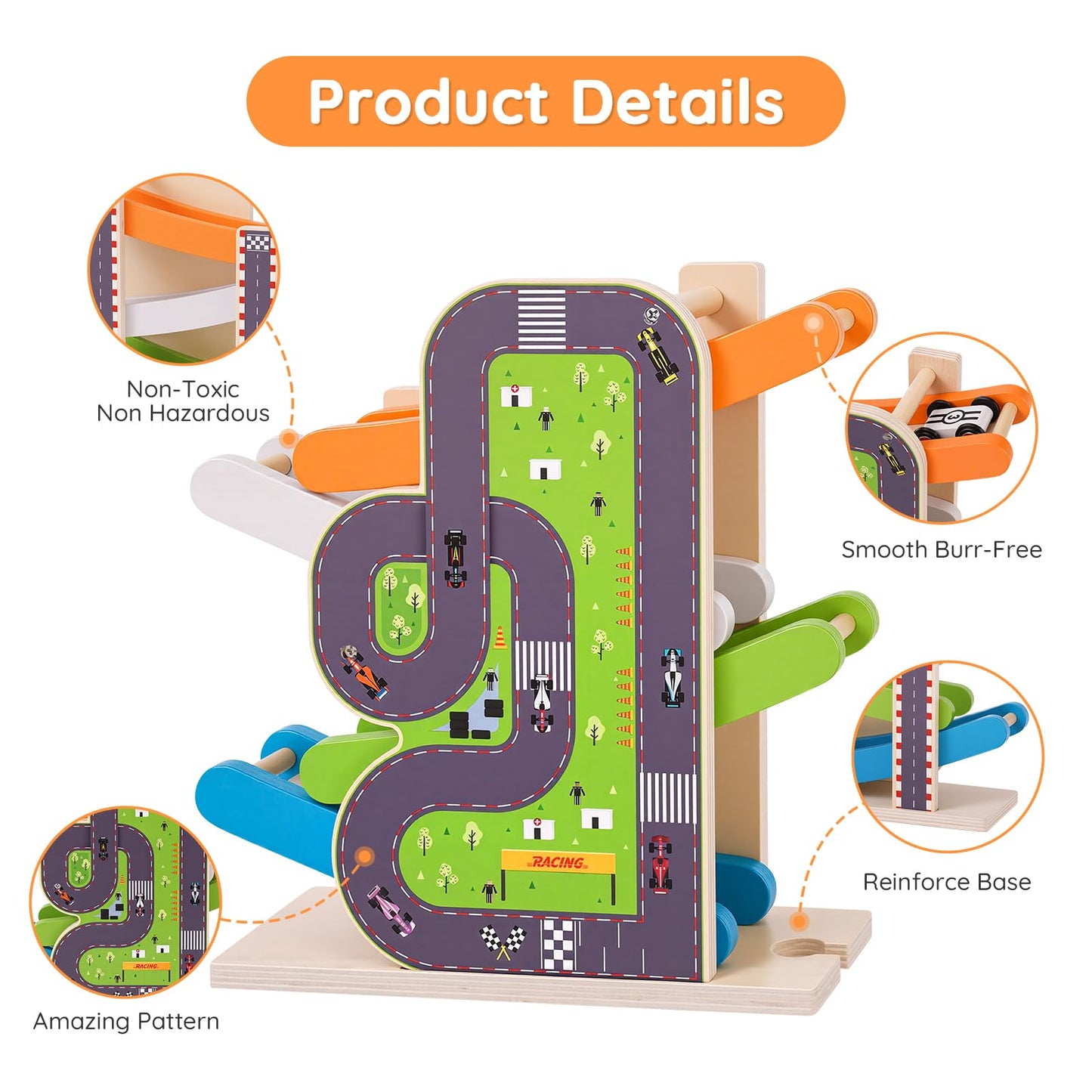 Busy edition Car Ramp Toys for 1 Year Old Boy Gifts, Montessori Toys for 1 Year Old, Wooden Race Car Track for Toddlers 1-3, Toy Cars Ramp with 4 Mini Cars & Parking Lots, 1st Birthday Gifts Boy