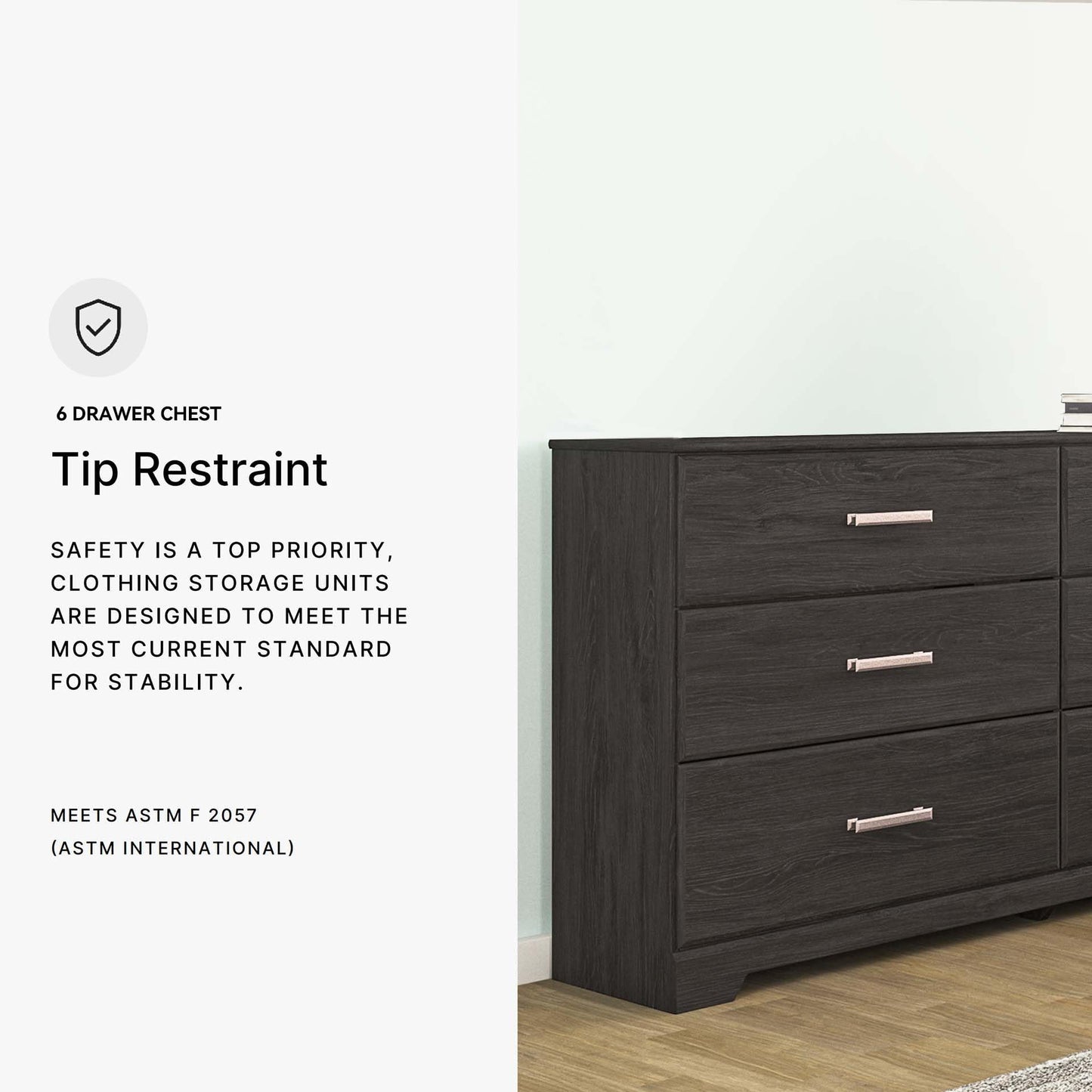 Signature Design by Ashley Belachime 6 Drawer Dresser, Fully Assembled Frame, Engineered Wood Construction, Storage for Bedroom, Dark Charcoal, 60" W