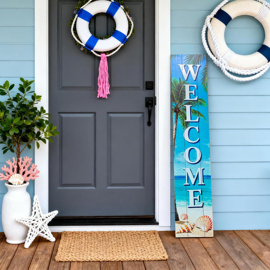 DOUSUI Vertical Wood Welcome Sign for Front Porch Vertical Decorative Sign Front Door Outdoor Indoor Welcome Sign 47.2x7.8 Inch Beach Shell Outdoor Decor for Welcome Front Porch Decorations.
