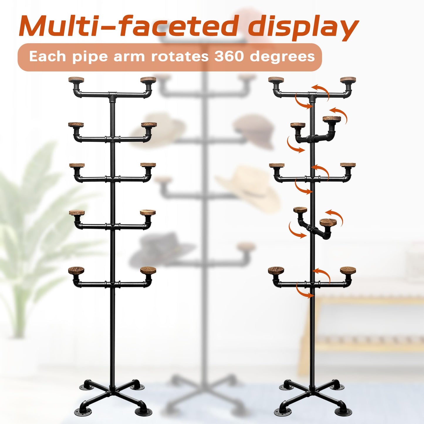 Montex Hat Rack Stand, Metal Hat Display Rack, Standing Hat Rack with 10 Hooks, Pipework Hat Stands for Hanging Hats and Wigs，Black