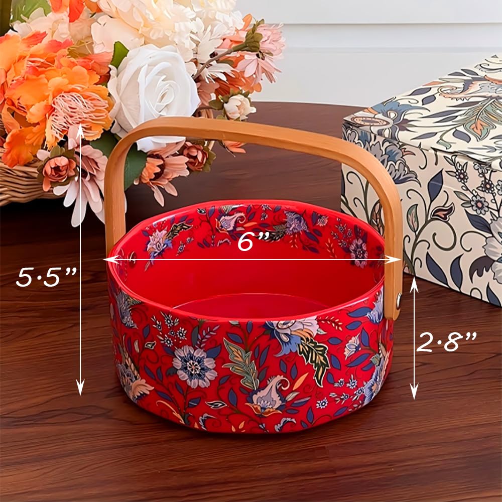 Ceramic Fruit Berry Basket with Detachable Wooden Handle Candy Dish Christmas Decorations Ornaments Decorative Bowl Home Kitchen & Dining Table Office Decor(Red)