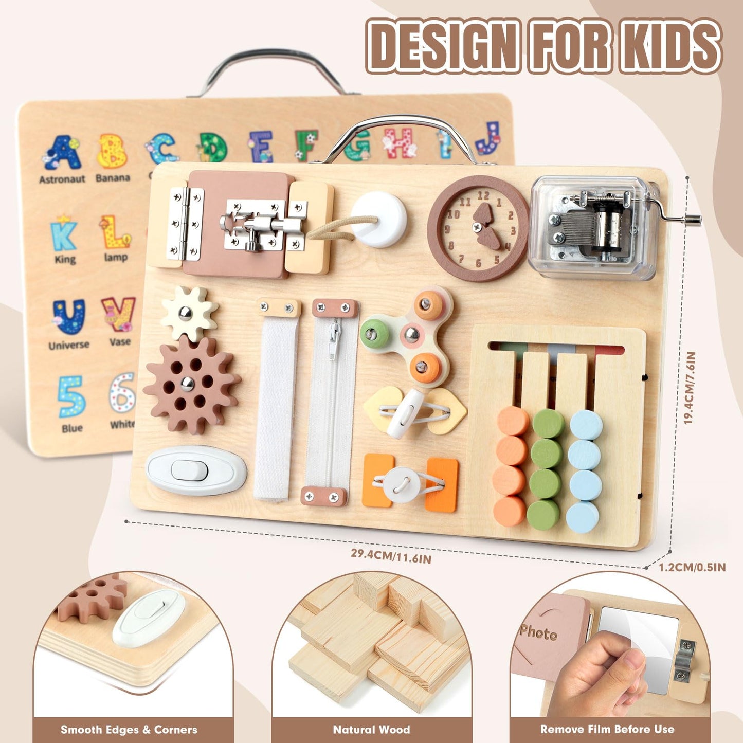 Hoarosall Montessori Busy Board for Toddlers 16-in-1 Wooden Sensory Activity Board with Music Box Fine Motor Skills Learning Toy Preschool Educational Travel Gift for Boys Girls Ages 1-3
